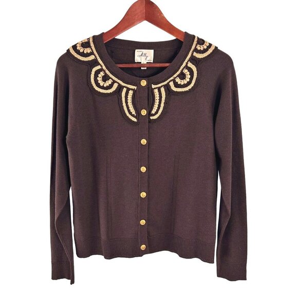 Milly of New York Cardigan Sweater Large Brown Silk Gold Crochet Embroidery Chic - Picture 15 of 15